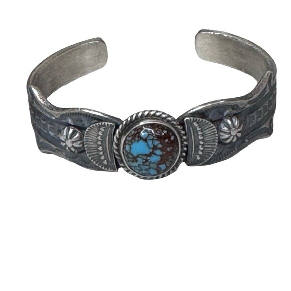 Navajo Accessories - Vintage Navajo Silver Kingman Turquoise Navajo Concho Bracelet Cuff Kevin Billah